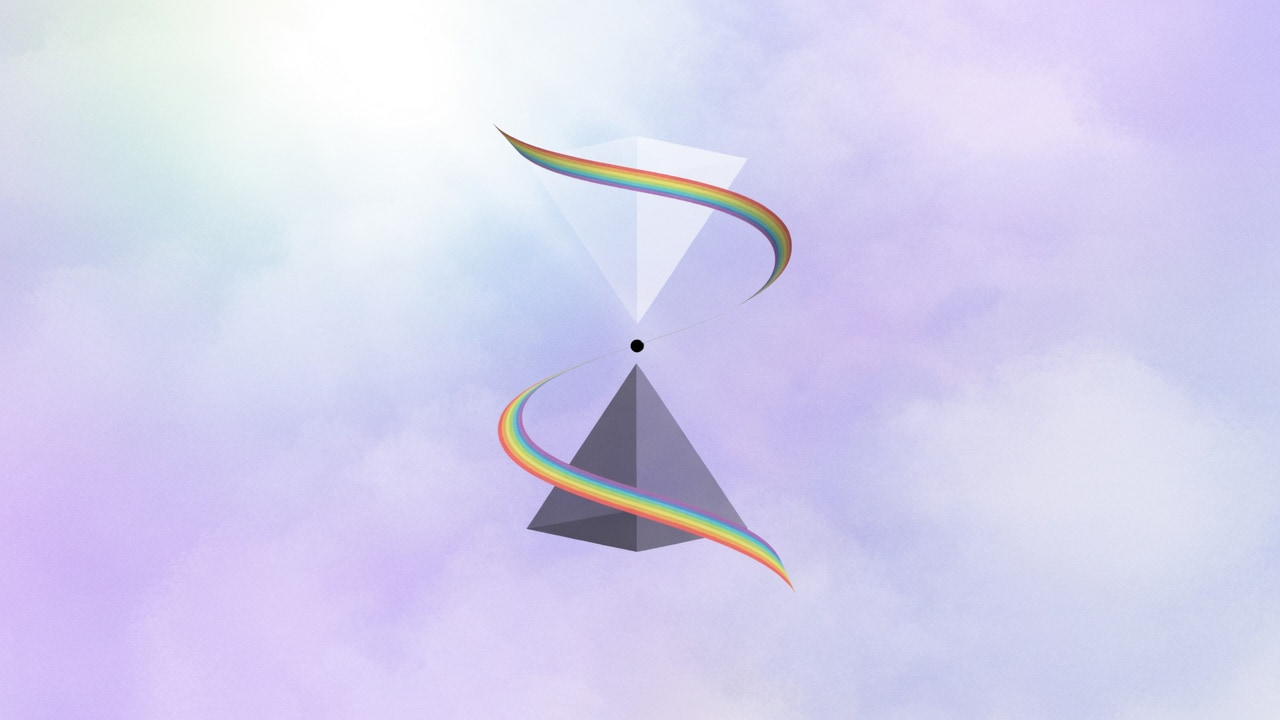 Fond avec le logo d'Embody Self : deux pyramides pastel reliées par un point central, entourées d'un ruban arc-en-ciel